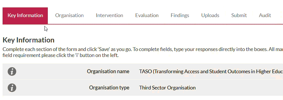 Animated gif showing how to complete the 'key info' tab